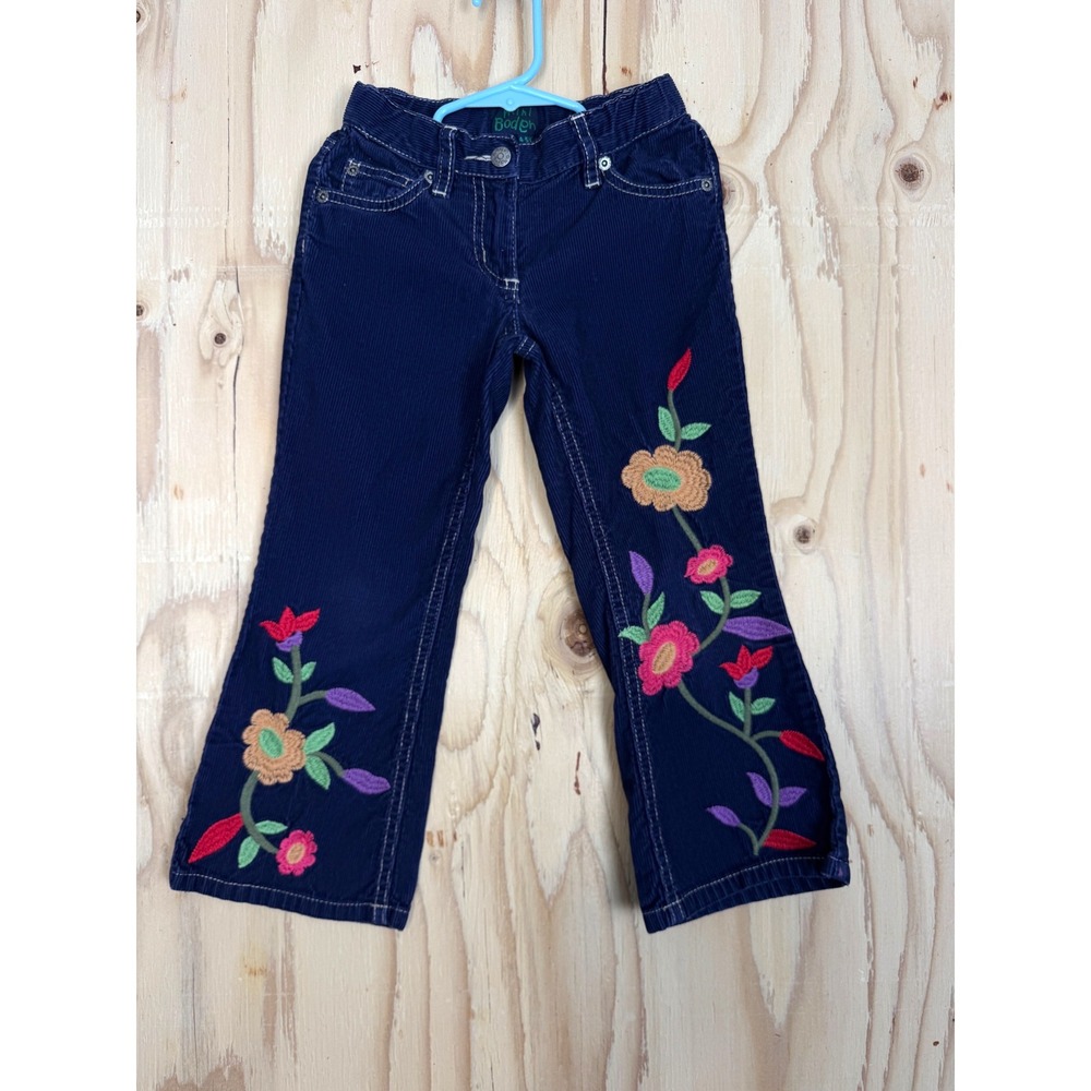 Mini Boden Corduroy Pants Kids 4-5Y Navy Blue Floral Embroidered Boho Adj Waist